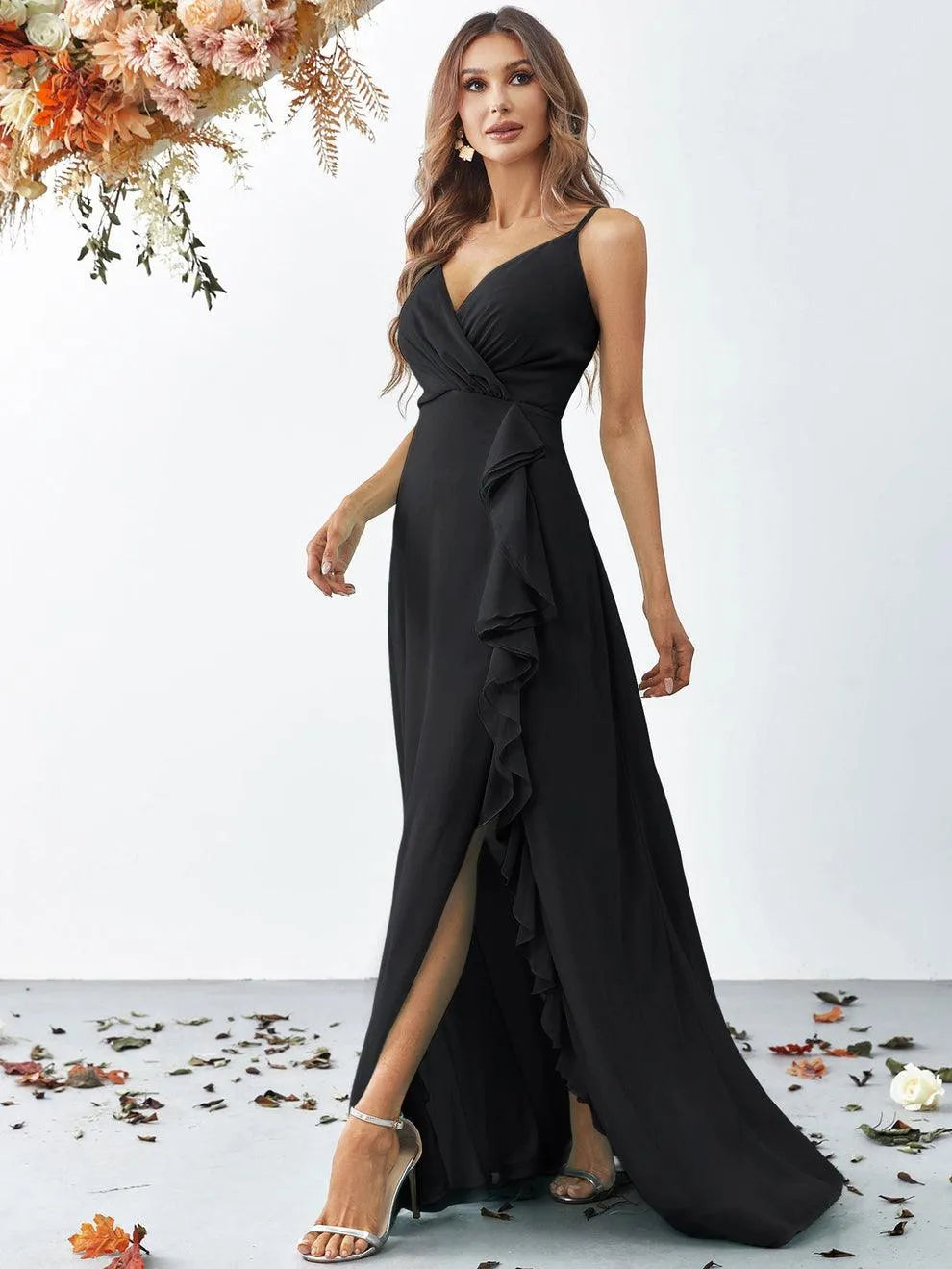 Elegant V Neck Sleeveless Ruffle Slit Chiffon A Line Dresses - Elonnashop