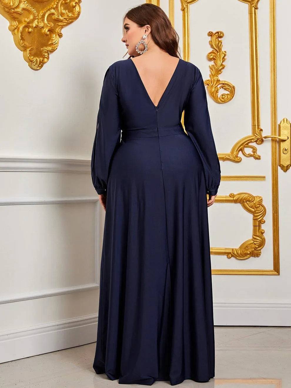 Plus Plunging Neck Lantern Sleeve High Slit Dress - Elonnashop