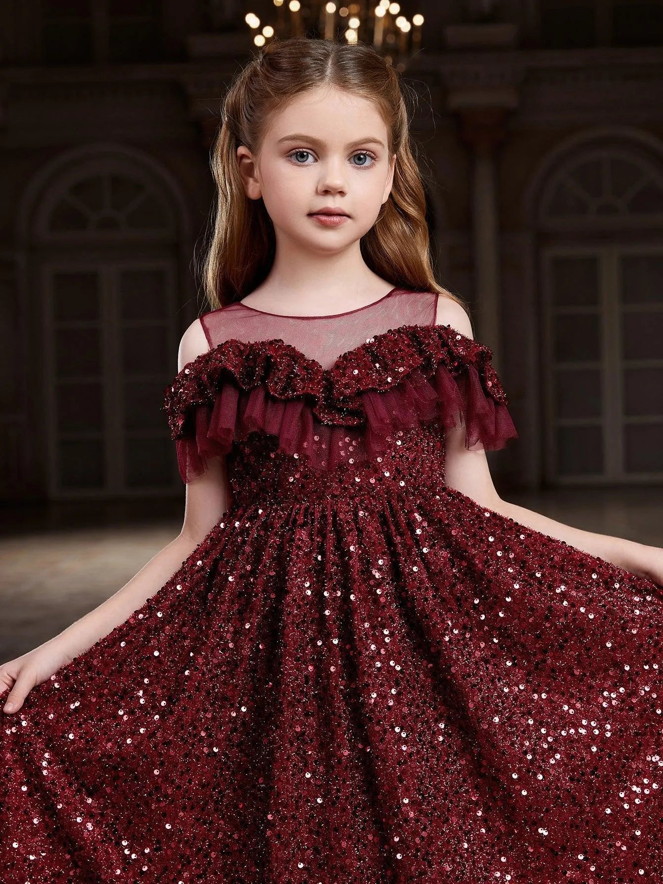 Tween Girls' Ruffle Trim Mesh Insert Sequin Prom Dress - Elonnashop