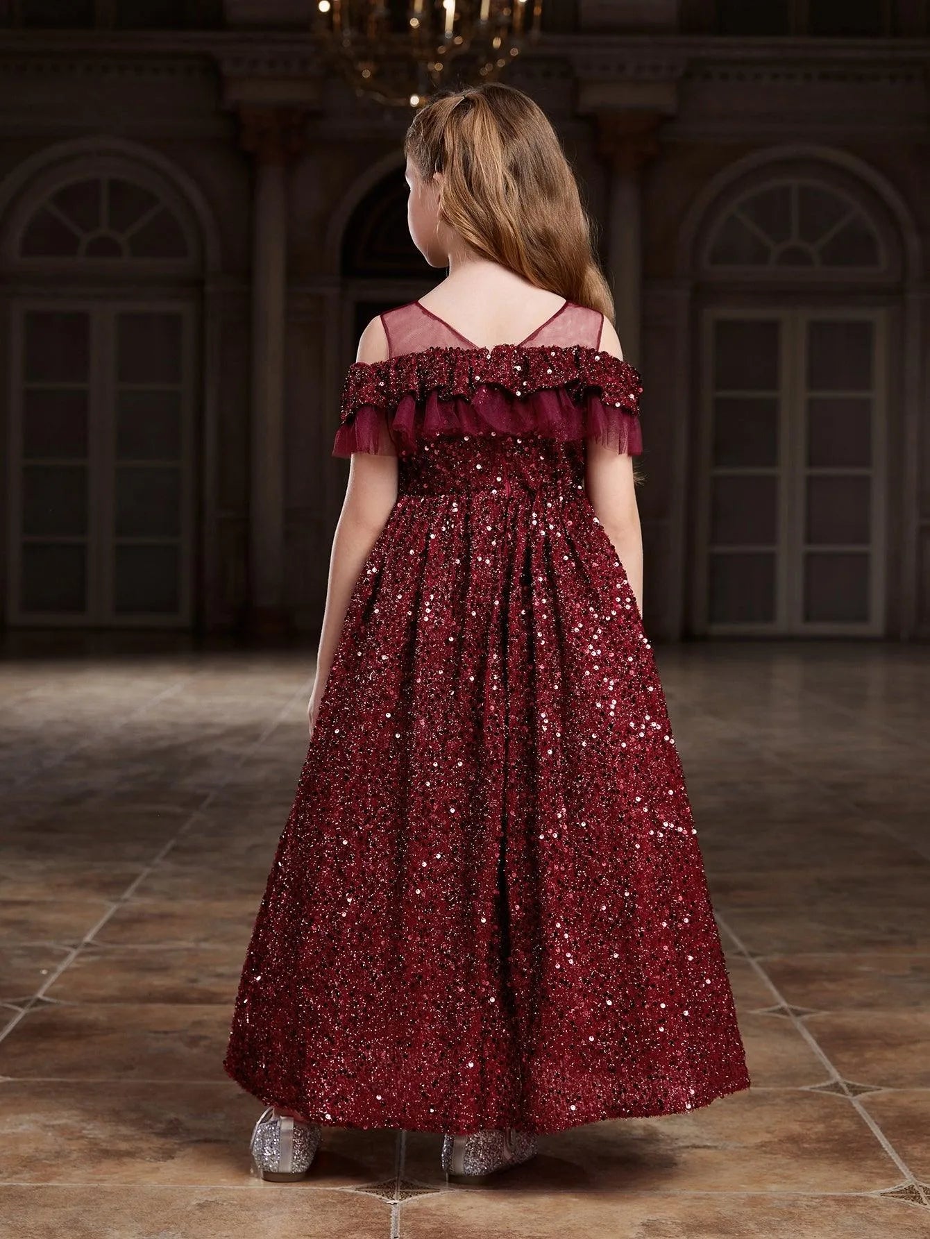 Tween Girls' Ruffle Trim Mesh Insert Sequin Prom Dress - Elonnashop