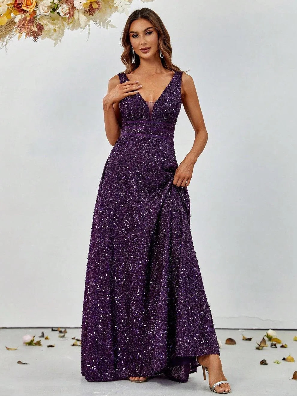 Elegant Deep V Neck Sequin A Line Prom Dresses - Elonnashop